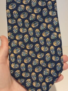 Valentino Navy Silk Tie with Gold and Teal Paisley Medallions